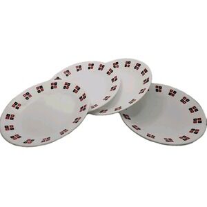 4 Corelle ' UPTOWN ' Bread & Butter / Dessert Plates. Black Red Squares 6 3/4 "